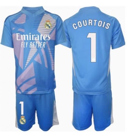 Köp Real Madrid Barn Målvakt Hemmatröja 2024/25 Thibaut Courtois #1 Fotbollsklädset Kortärmad Tröja + Shorts
