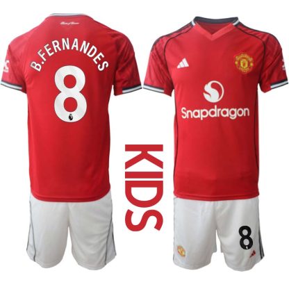 Manchester United Hemmaställ Barn 2025/26 – Bruno Fernandes 8 – Kortärmad Fotbollströja + Shorts