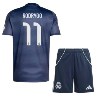 Real Madrid Barn Bortatröja 2025/26 Rodrygo 11 Kortärmad Fotbollsställ med Shorts