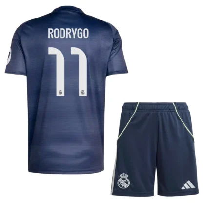 Real Madrid Barn Bortatröja 2025/26 Rodrygo 11 Kortärmad Fotbollsställ med Shorts