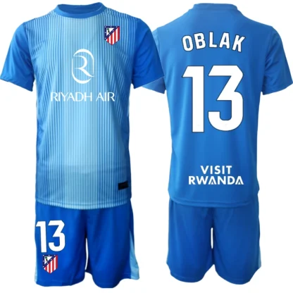 Atlético Madrid Barn Målvaktsställ 2025-26 Jan Oblak 13 Blå Kortärmad Fotbollströja + Shorts