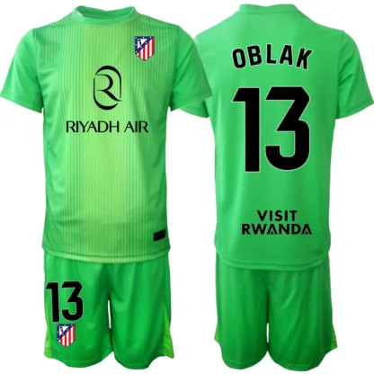Atlético Madrid Barn Målvaktsställ 2025-26 Jan Oblak 13 Grön Kortärmad Fotbollströja + Shorts