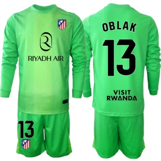 Atlético Madrid Barn Målvaktsställ 2025-26 Jan Oblak 13 Grön Långärmad Fotbollströja + Shorts