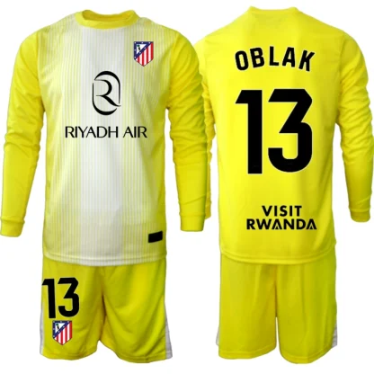 Atlético Madrid Barn Målvaktsställ 2025-26 Jan Oblak 13 Gul Långärmad Fotbollströja + Shorts