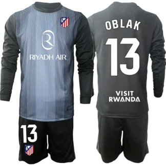 Atlético Madrid Barn Målvaktsställ 2025-26 Jan Oblak 13 Svart Långärmad Fotbollströja + Shorts