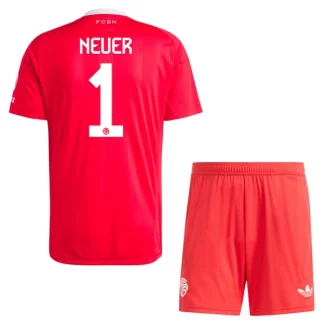 FC Bayern München Tredje Målvaktsställ Barn 2025/26 Röd Manuel Neuer 1 Kortärmad Fotbollströja + Shorts