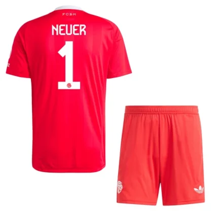 FC Bayern München Tredje Målvaktsställ Barn 2025/26 Röd Manuel Neuer 1 Kortärmad Fotbollströja + Shorts