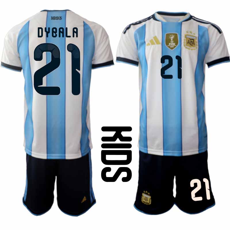 Argentina 2026 VM Hemmaställ Barn Paulo Dybala #21 Kortärmad Fotbollströja + Shorts