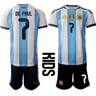 Argentina 2026 VM Hemmaställ Barn Rodrigo De Paul #7 Kortärmad Fotbollströja + Shorts
