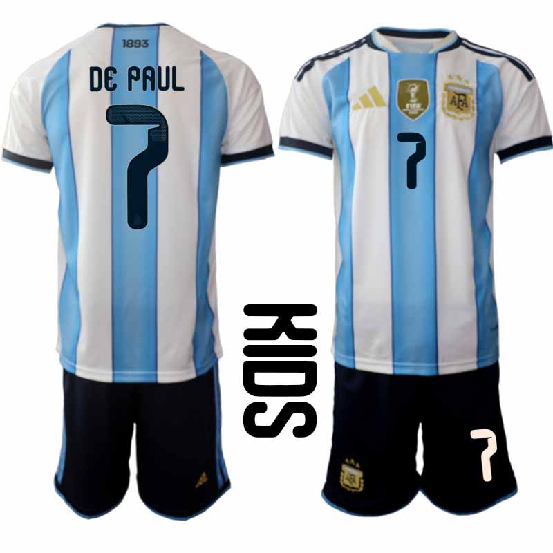 Argentina 2026 VM Hemmaställ Barn Rodrigo De Paul #7 Kortärmad Fotbollströja + Shorts