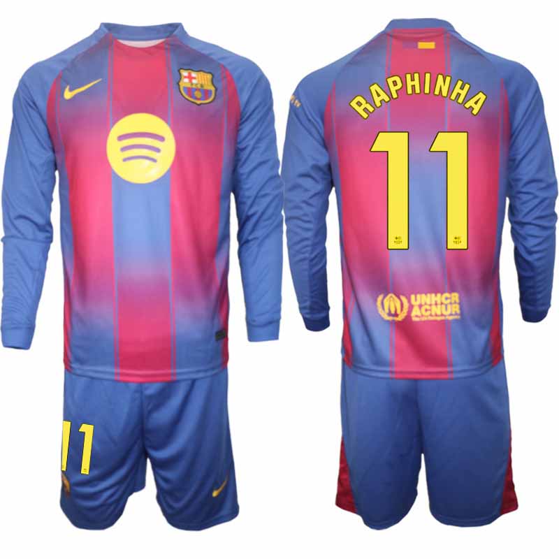 FC Barcelona Herr Långärmad Hemmaställ 2025/26 Raphinha #11 Tröja + Shorts