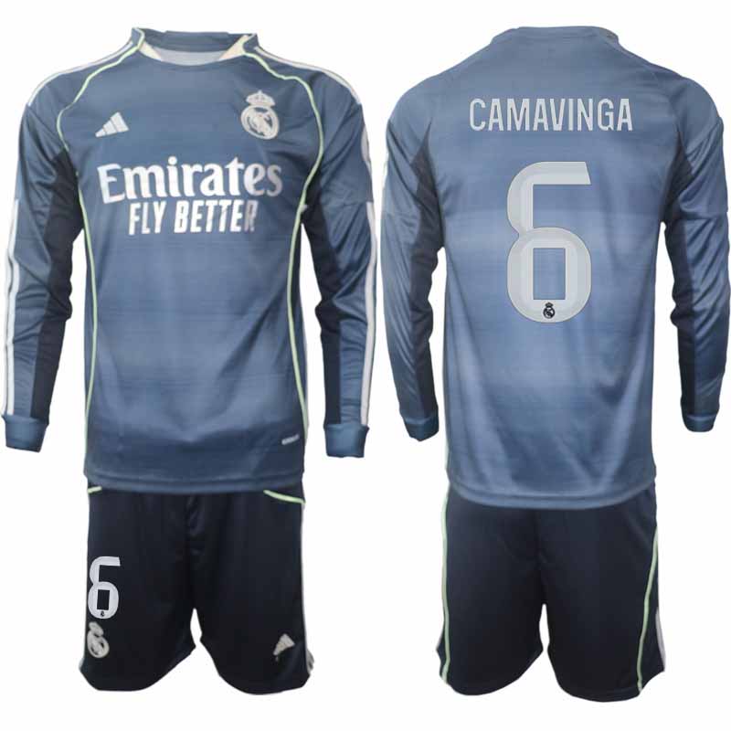 Real Madrid Eduardo Camavinga #6 Herr Långärmad Bortaställ 2025/26 Tröja + Shorts