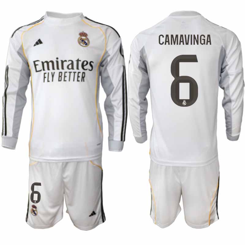 Real Madrid Eduardo Camavinga #6 Herr Långärmad Hemmaställ 2025/26 Tröja + Shorts