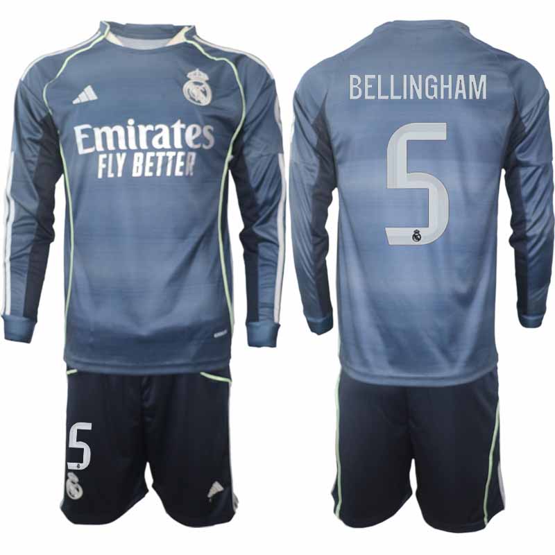 Real Madrid Jude Bellingham #5 Herr Långärmad Bortaställ 2025/26 Tröja + Shorts