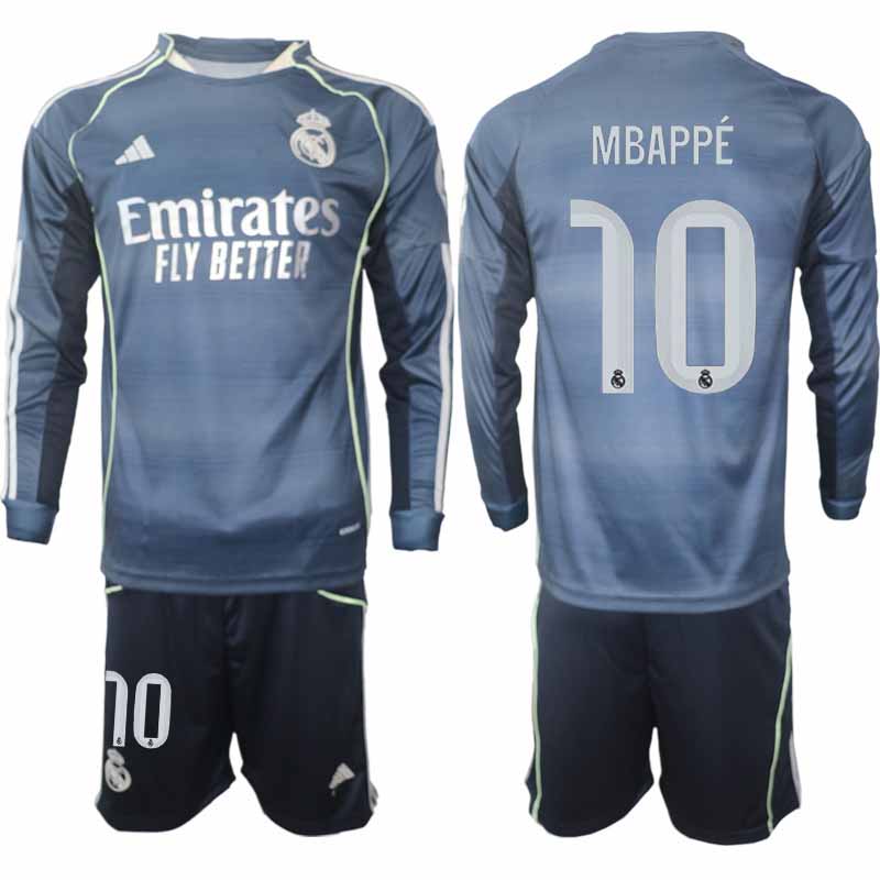 Real Madrid Kylian Mbappé #10 Herr Långärmad Bortaställ 2025/26 Tröja + Shorts