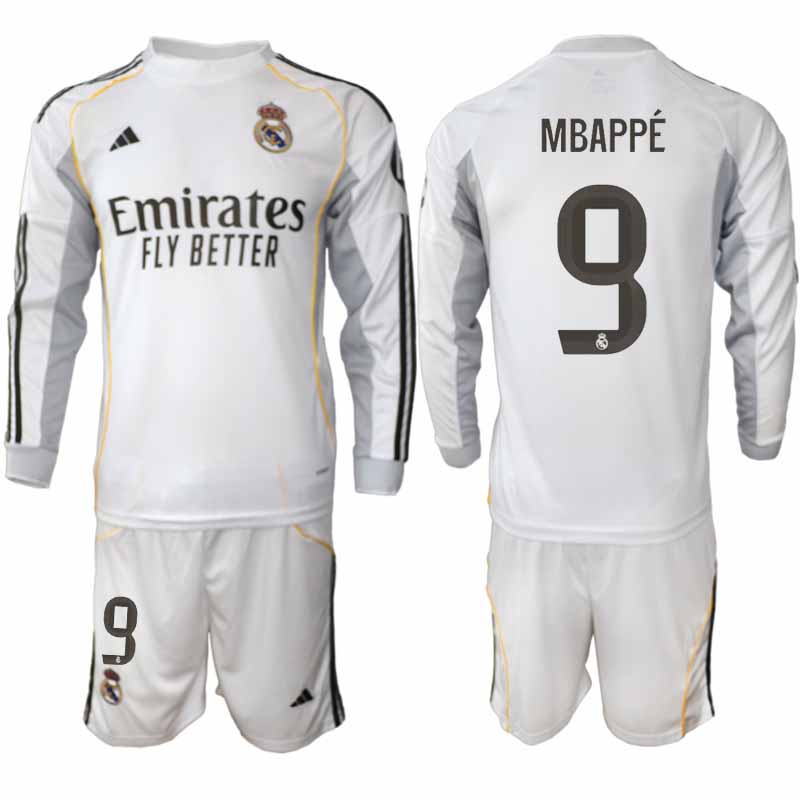 Real Madrid Kylian Mbappé #9 Herr Långärmad Hemmaställ 2025/26 Tröja + Shorts
