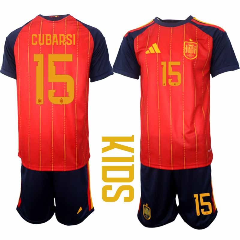 Spanien 2026 VM Hemmaställ Barn Pau Cubarsí #15 Kortärmad Fotbollströja + Shorts
