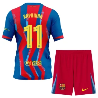 FC Barcelona Fjärdetröja 2025–26 Barn Set – Raphinha Belloli #11 Kortärmad Fotbollströja med Shorts