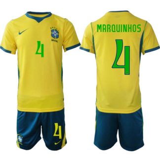 Brasilien Hemmaställ VM 2026 Marquinhos #4 Herr – Fotbollströja + Shorts