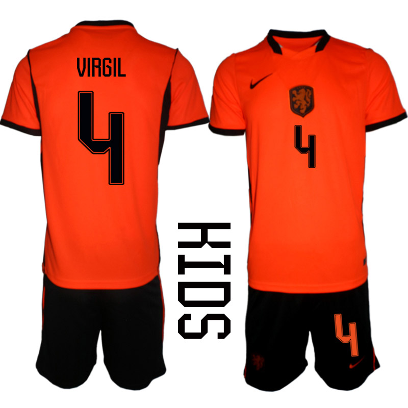 Nederländerna Hemmaställ VM 2026 Barn Virgil van Dijk 4 Tröja och Shorts