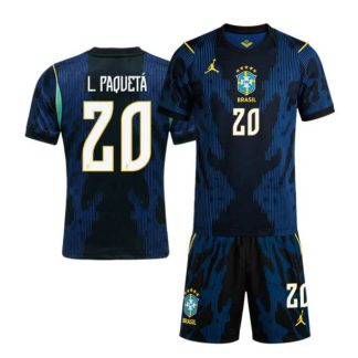 Brasilien VM 2026 Bortatröja Lucas Paquetá 20 Barn Fotbollströja Set Blå