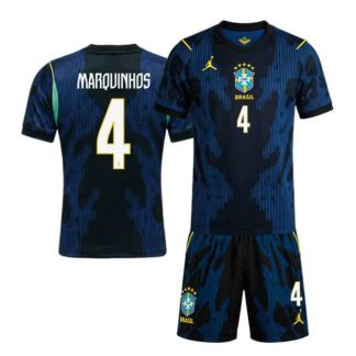 Brasilien VM 2026 Bortatröja Marquinhos 4 Barn Fotbollströja Set Blå