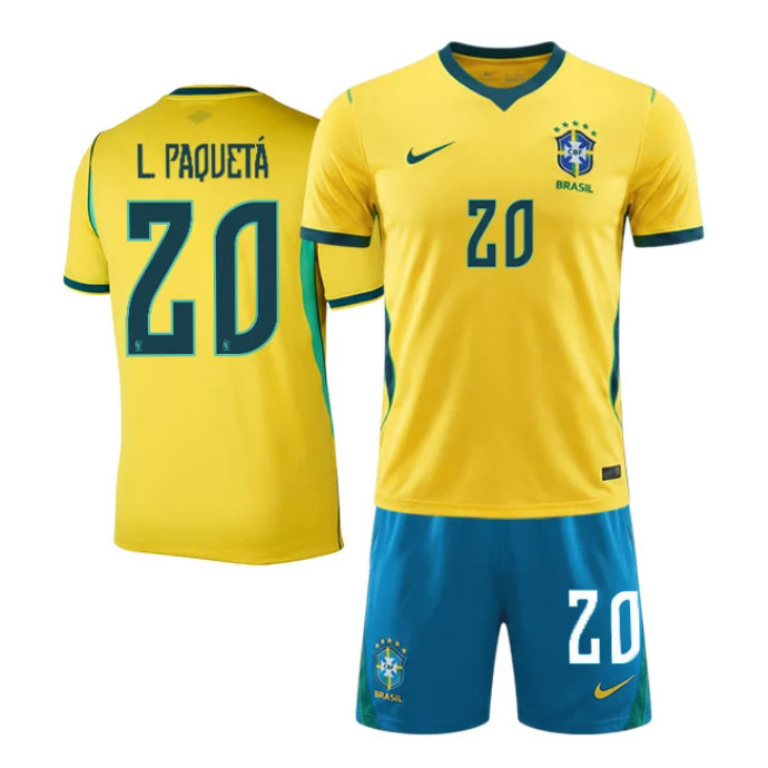 Brasilien VM 2026 Hemmatröja Lucas Paquetá 20 Barn Fotbollströja Set Gul