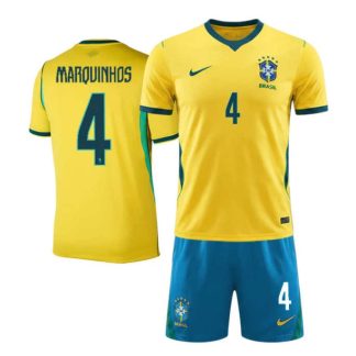 Brasilien VM 2026 Hemmatröja Marquinhos 4 Barn Fotbollströja Set Gul