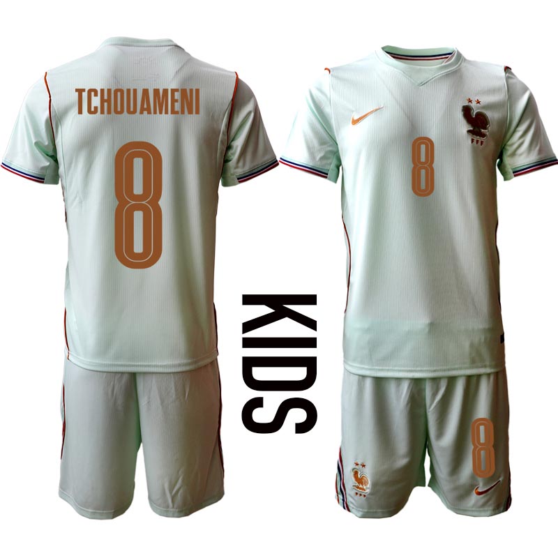 Frankrike VM 2026 Bortaställ Barn Aurélien Tchouaméni 8 Fotbollströja med Shorts