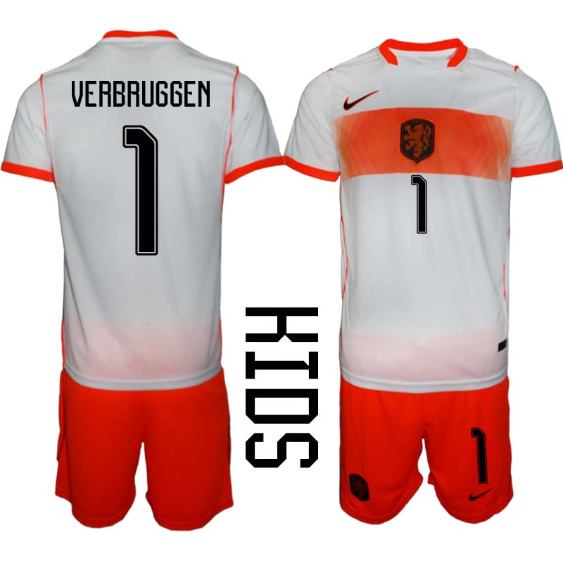 Nederländerna VM 2026 Bortaställ Barn Bart Verbruggen 1 Fotbollströja och Shorts