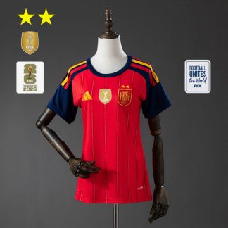 Spanien VM 2026 Hemmatröja Dam Fotbollströja Mästarutgåva Två Stjärnor med VM 2026 Ärmemblem