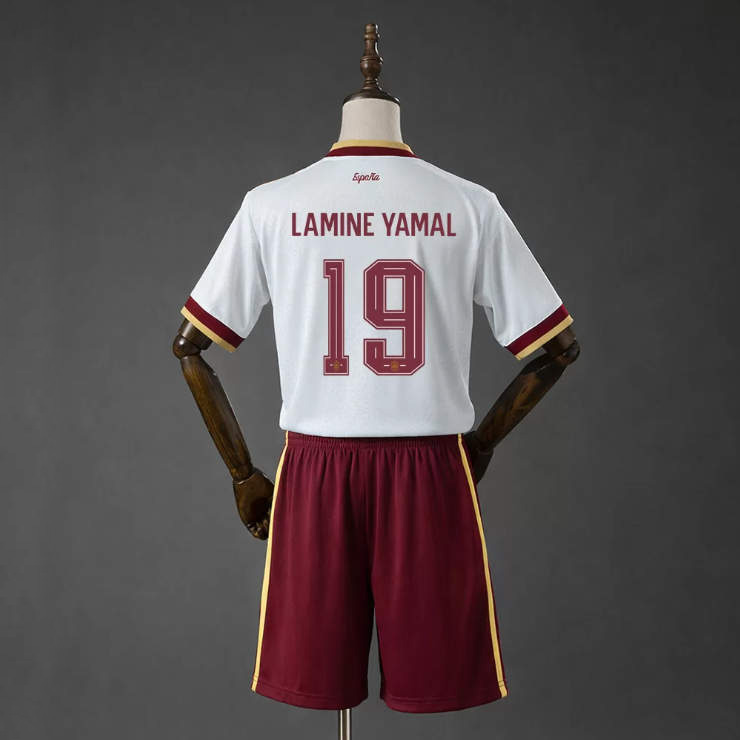 Spanien VM 2026 Bortaställ Barn Lamine Yamal 19 Fotbollströja med Shorts