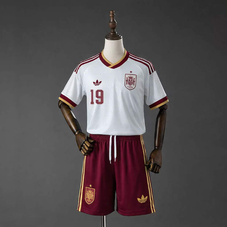 Spanien VM 2026 Bortaställ Barn Lamine Yamal 19 Fotbollströja med Shorts
