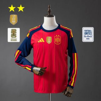 Spanien VM 2026 Hemmatröja Långärmad Fotbollströja Mästarutgåva Två Stjärnor med VM 2026 Ärmemblem