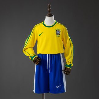 Brasilien VM 1998 Hemmatröja Retro Långärmad Barn Fotbollsställ med Shorts