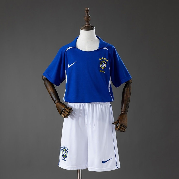 Brasilien VM 2002 Bortatröja Retro Barn Fotbollsställ med Shorts