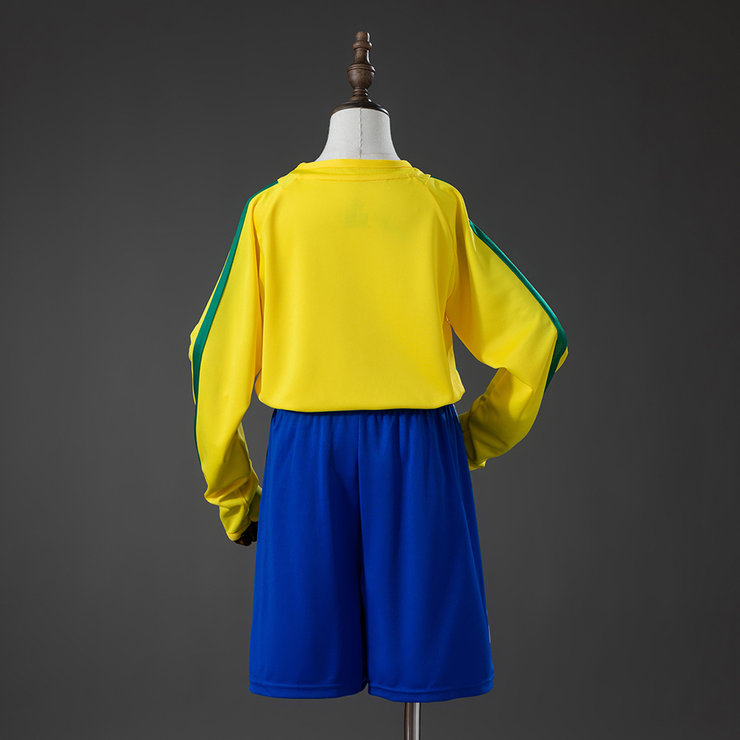 Brasilien VM 2002 Hemmatröja Retro Långärmad Barn Fotbollsställ med Shorts