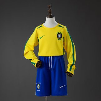 Brasilien VM 2002 Hemmatröja Retro Långärmad Barn Fotbollsställ med Shorts