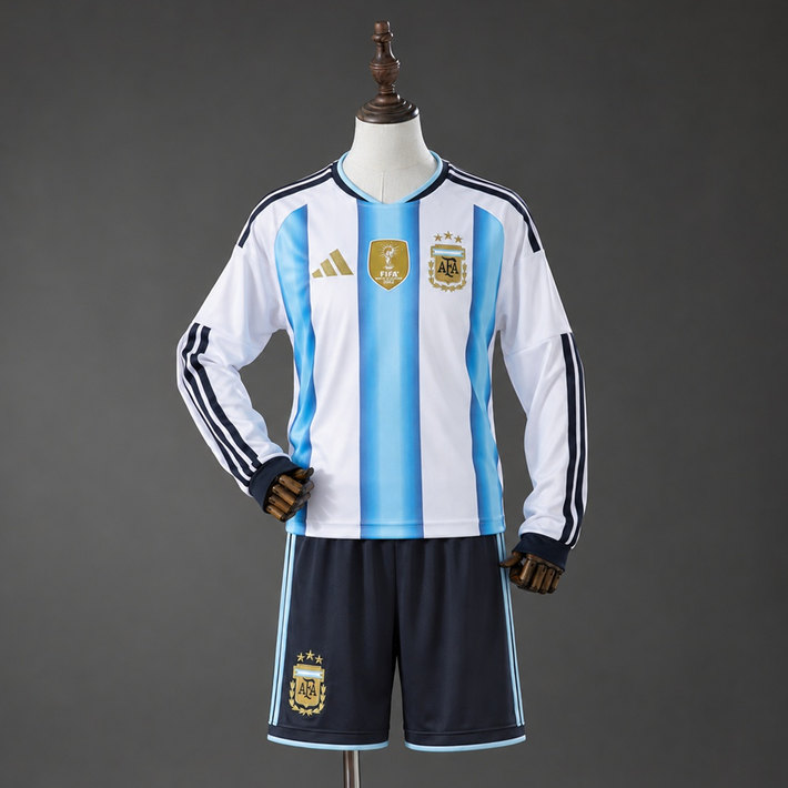 Argentina VM 2026 Hemmaställ Barn Långärmat Vit och Ljusblått med Shorts