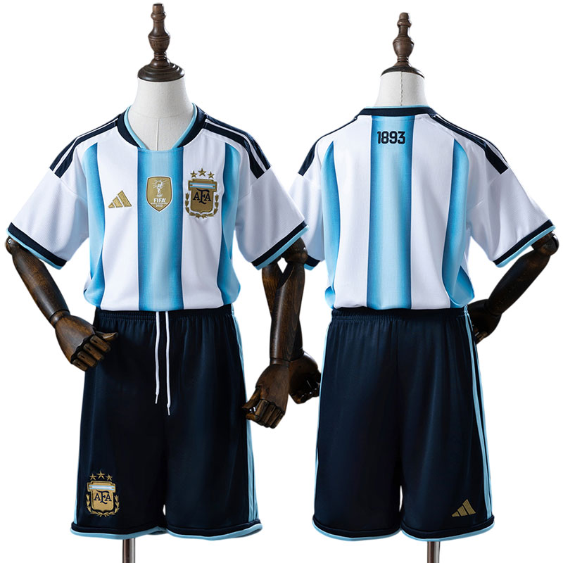 Argentina VM 2026 Hemmaställ Barn Vit Blå Kortärmad med Shorts