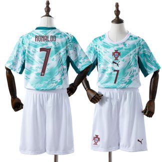 Cristiano Ronaldo 7 Portugal VM 2026 Bortaställ Barn Vit Grön Fotbollsställ med Shorts