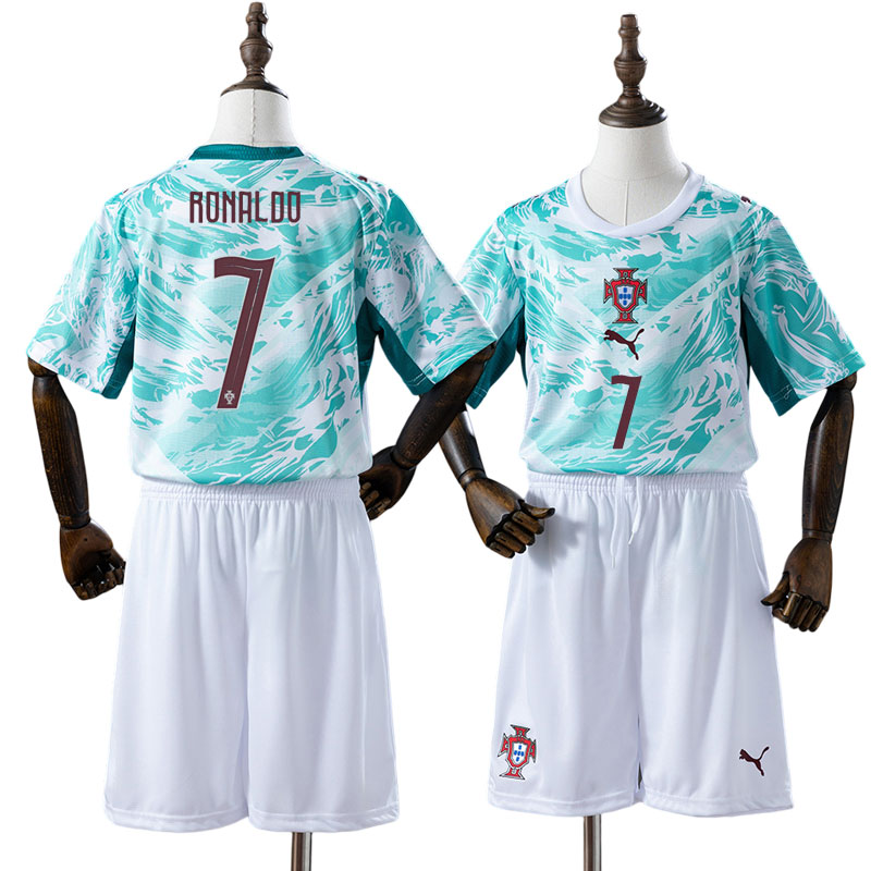 Cristiano Ronaldo 7 Portugal VM 2026 Bortaställ Barn Vit Grön Fotbollsställ med Shorts
