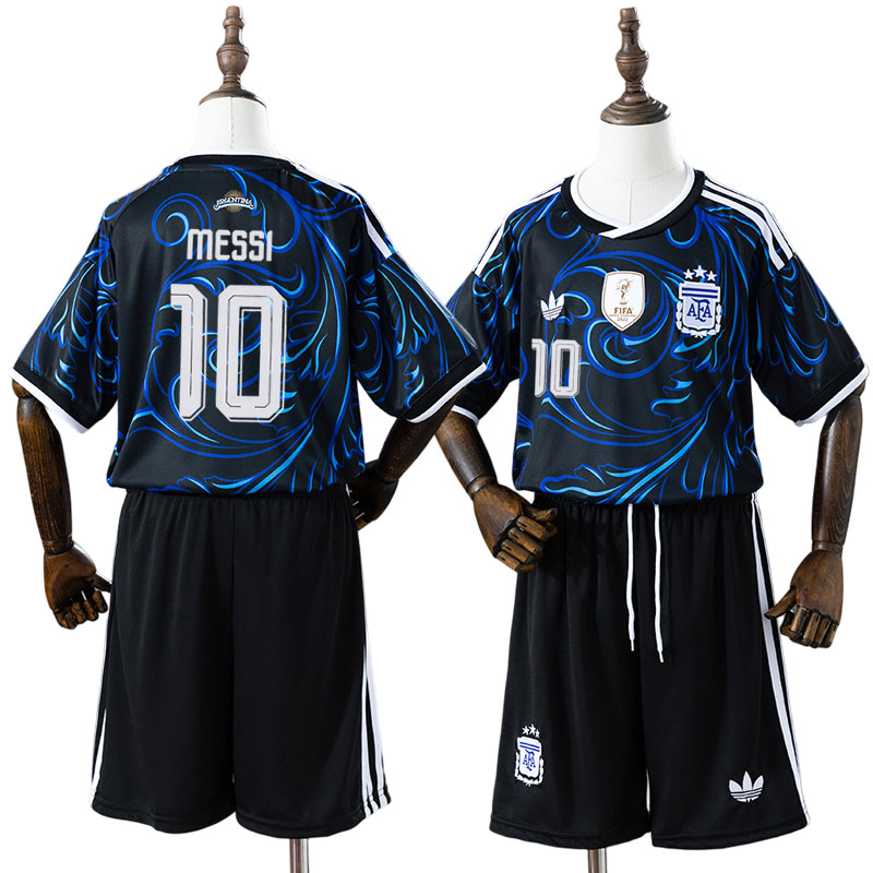 Lionel Messi 10 Argentina VM 2026 Bortaställ Barn Svart Blå Kortärmad med Shorts