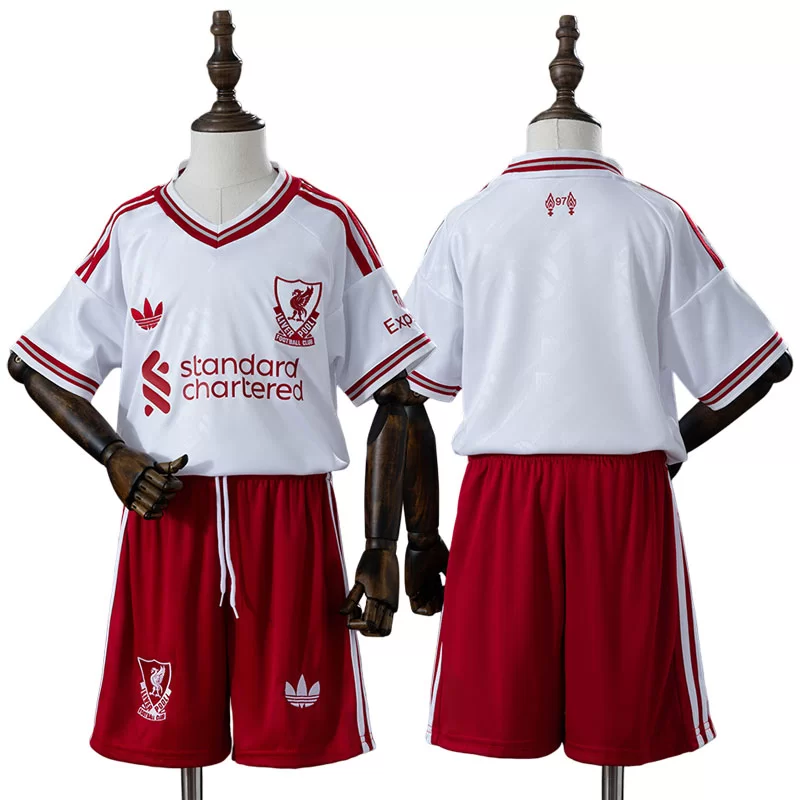 Liverpool FC 2026/27 Bortaställ Barn Vit Kortärmad med Röda Shorts