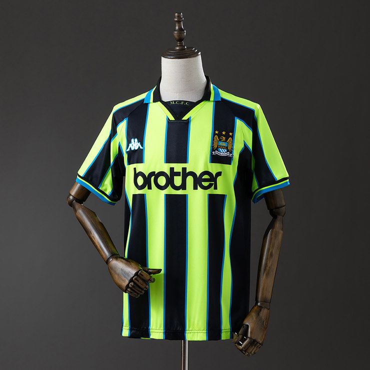 Manchester City 1998/99 Retro Bortatröja Herr Neongul och Marinblå Fotbollströja