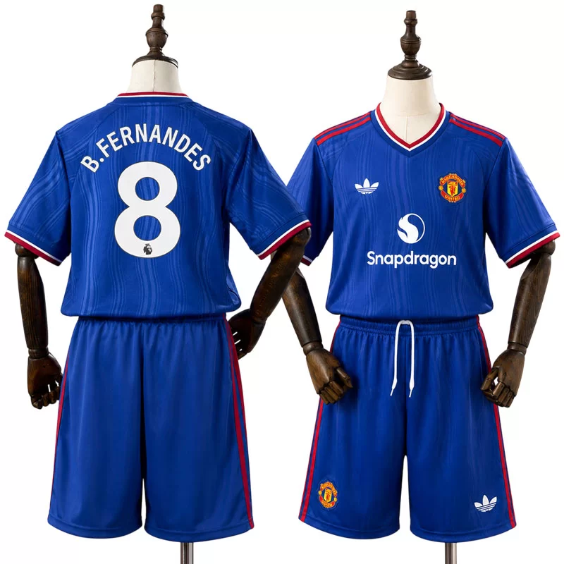 Manchester United 2026/27 Bortaställ Bruno Fernandes 8 Barn Blå med Shorts