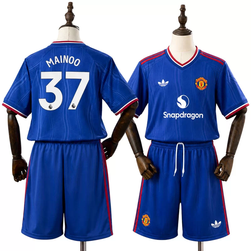 Manchester United 2026/27 Bortaställ Kobbie Mainoo 37 Barn Blå med Shorts