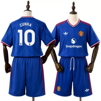 Manchester United 2026/27 Bortaställ Matheus Cunha 10 Barn Blå med Shorts