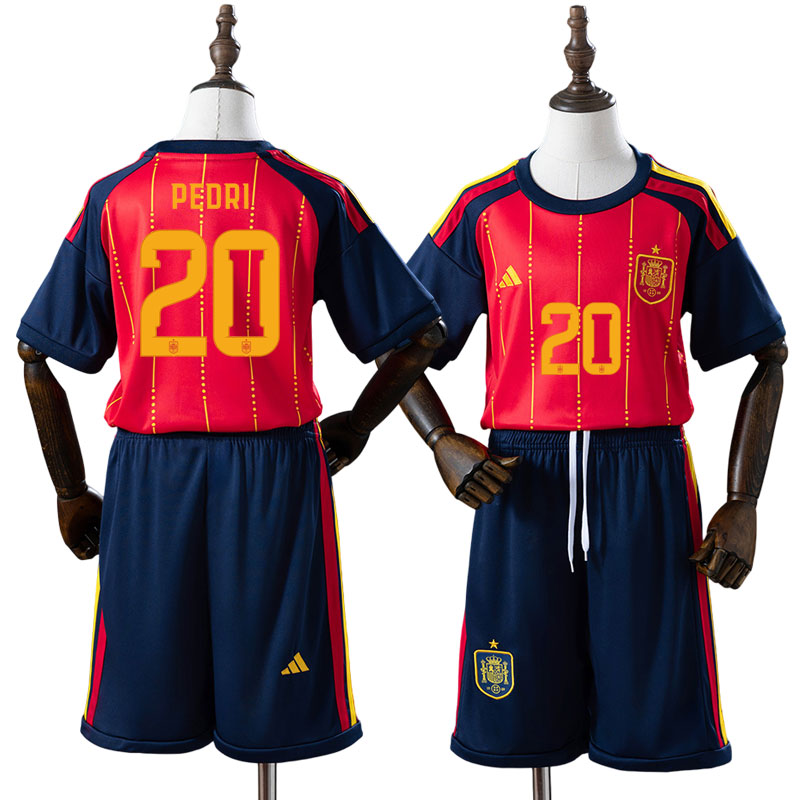 Pedri 20 Spanien VM 2026 Hemmaställ Barn Röd Fotbollsställ med Shorts