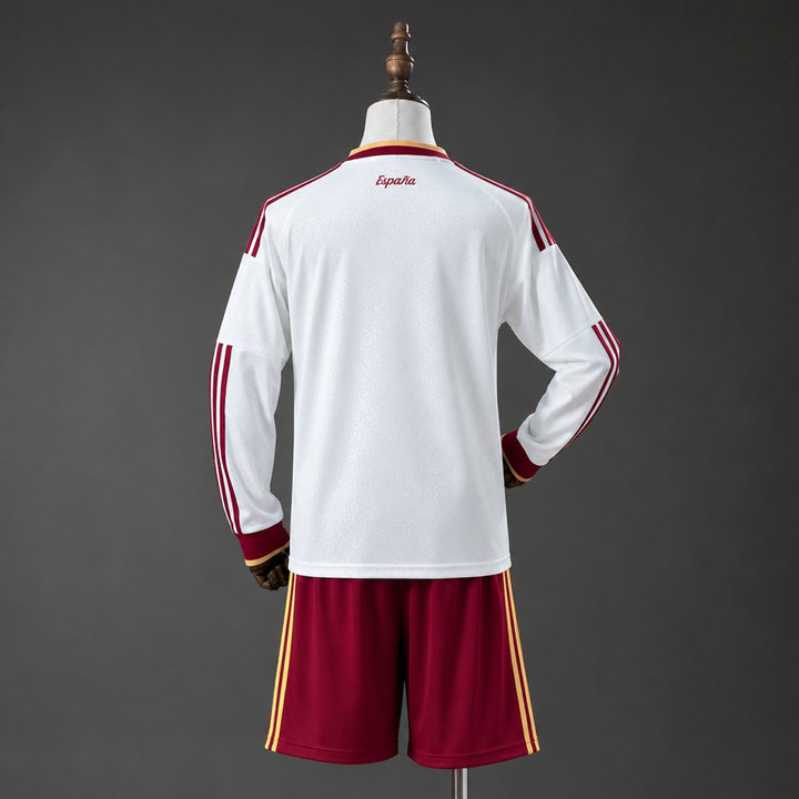 Spanien VM 2026 Bortaställ Barn Långärmat Off-white och Vinröd Fotbollsställ med Shorts